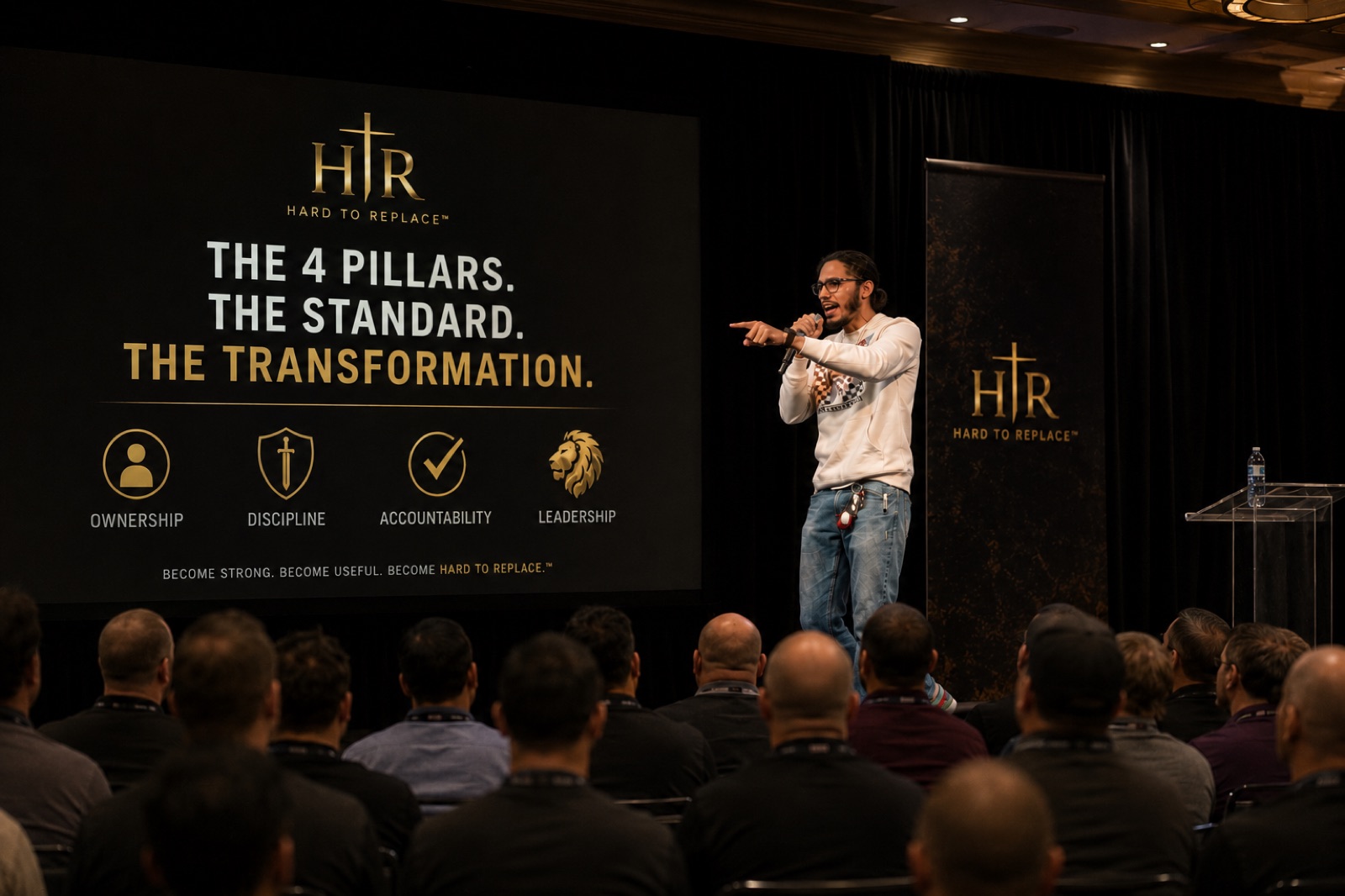 Justin Boswell presenting the four pillars of Hard To Replace to an audience